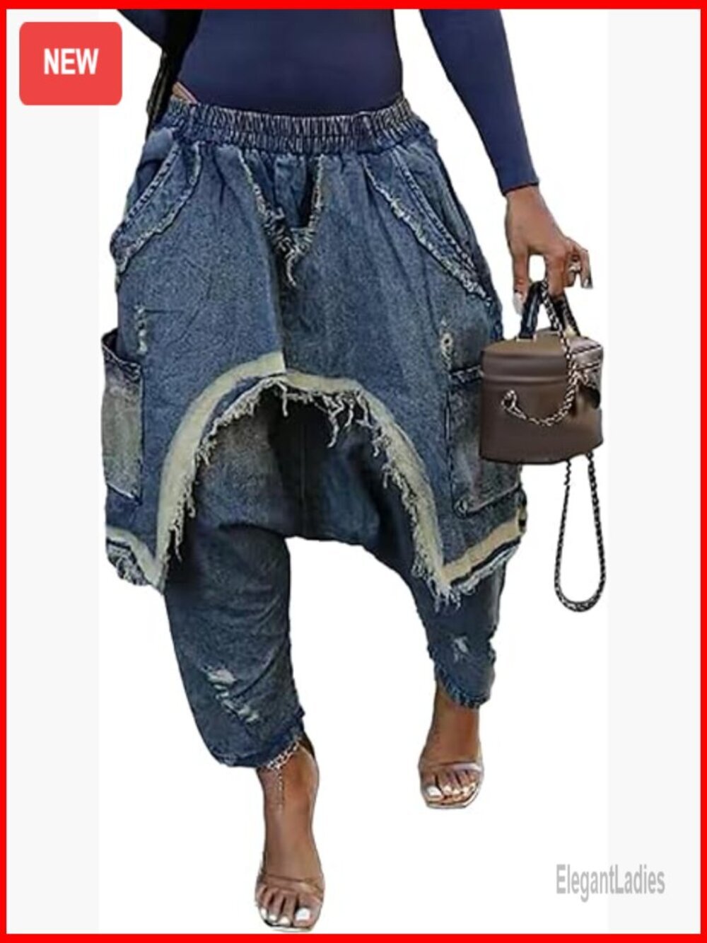 Women's Harem Denim Pants Elastic High Waist Wide Leg Boyfriend Jeans